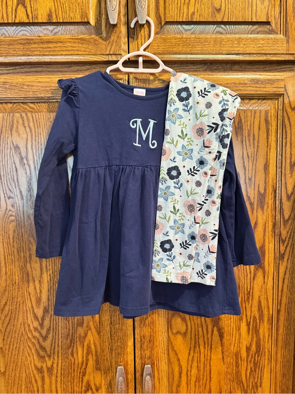 Girls Navy Long-Sleeve Monogram Top with Floral Leggings